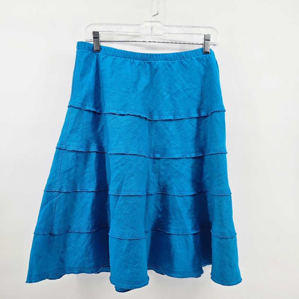 Soft Surroundings Summer Fun Tiered Skirt Womens L Blue Linen Elastic Waist FLAW